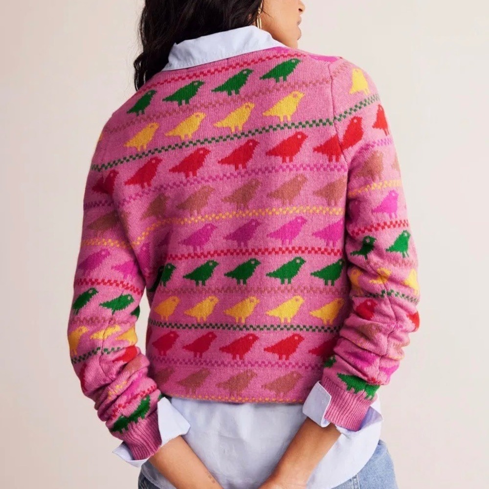 Boden Edie Fair Isle Sweater Pink Colorful Bird Animal Print Crew Neck Jumper - Picture 14 of 15